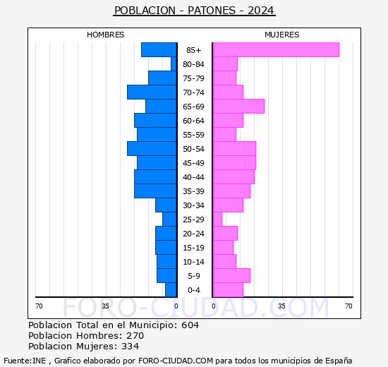 Patones - Pirmide de poblacin grupos quinquenales - Censo 2024