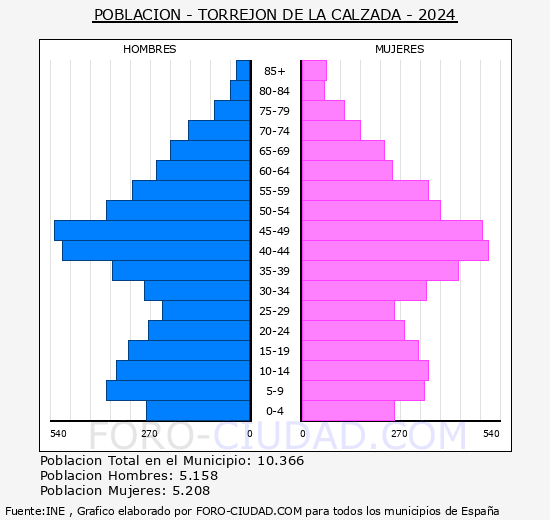 Torrejn de la Calzada - Pirmide de poblacin grupos quinquenales - Censo 2024