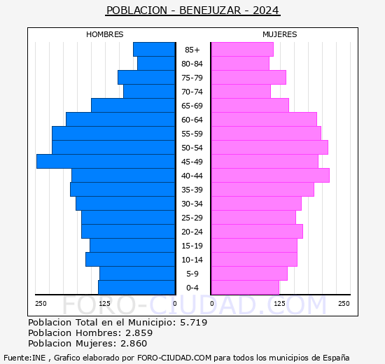 Benejzar - Pirmide de poblacin grupos quinquenales - Censo 2024
