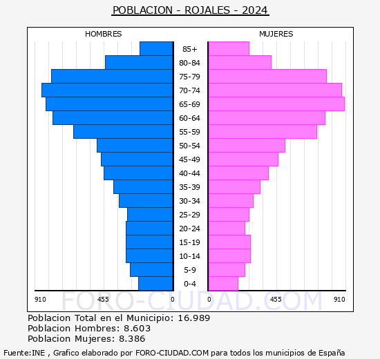 Rojales - Pirmide de poblacin grupos quinquenales - Censo 2024