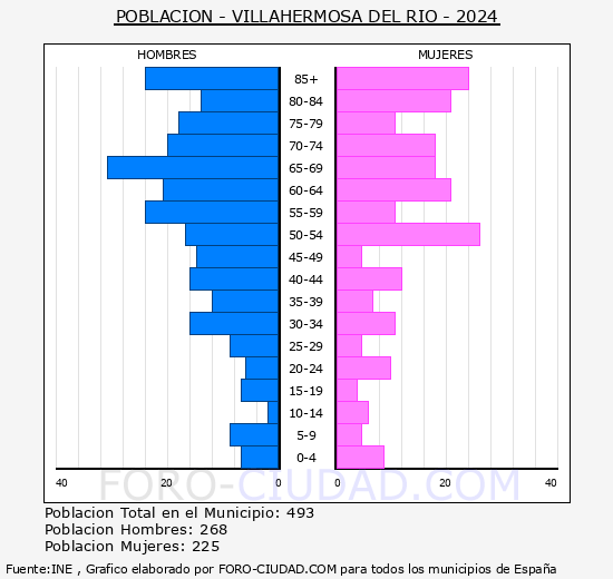 Villahermosa del Ro - Pirmide de poblacin grupos quinquenales - Censo 2024