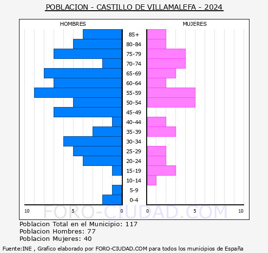 Castillo de Villamalefa - Pirmide de poblacin grupos quinquenales - Censo 2024