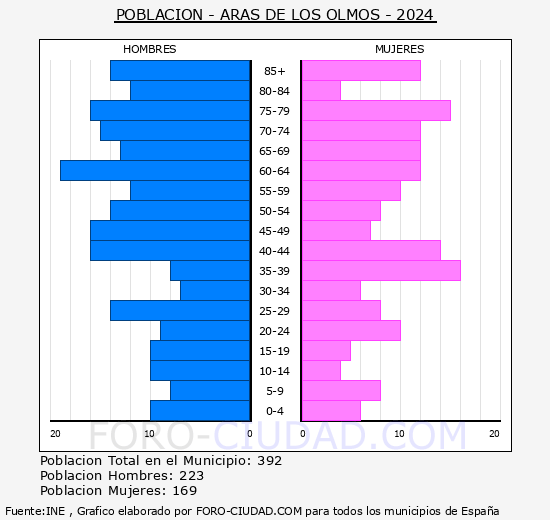Aras de los Olmos - Pirmide de poblacin grupos quinquenales - Censo 2024