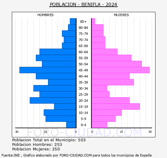 Benifl - Pirmide de poblacin grupos quinquenales - Censo 2024