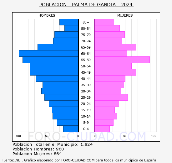 Palma de Ganda - Pirmide de poblacin grupos quinquenales - Censo 2024