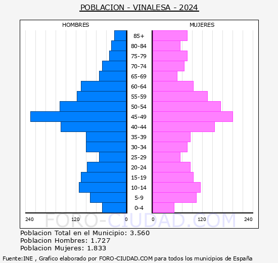 Vinalesa - Pirmide de poblacin grupos quinquenales - Censo 2024