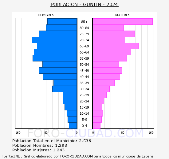 Guntn - Pirmide de poblacin grupos quinquenales - Censo 2024
