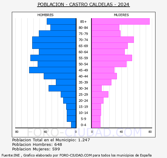 Castro Caldelas - Pirmide de poblacin grupos quinquenales - Censo 2024