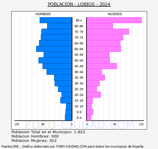 Lobios - Pirmide de poblacin grupos quinquenales - Censo 2024