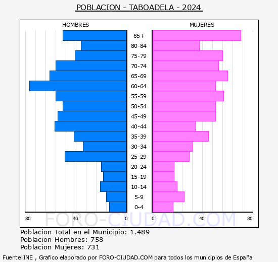 Taboadela - Pirmide de poblacin grupos quinquenales - Censo 2024