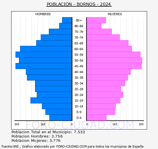 Bornos - Pirmide de poblacin grupos quinquenales - Censo 2024
