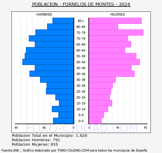 Fornelos de Montes - Pirmide de poblacin grupos quinquenales - Censo 2024