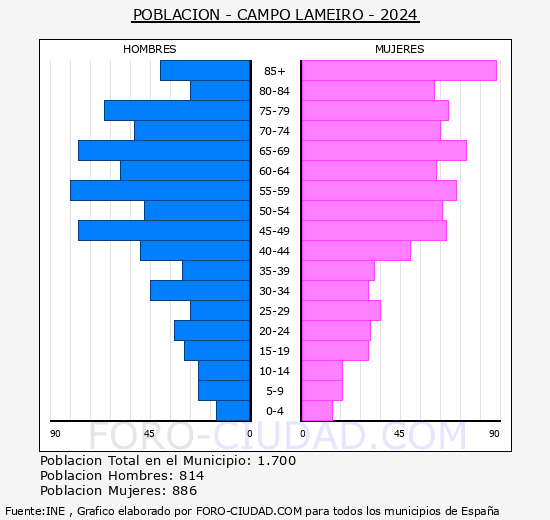 Campo Lameiro - Pirmide de poblacin grupos quinquenales - Censo 2024