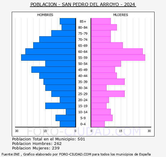 San Pedro del Arroyo - Pirmide de poblacin grupos quinquenales - Censo 2024