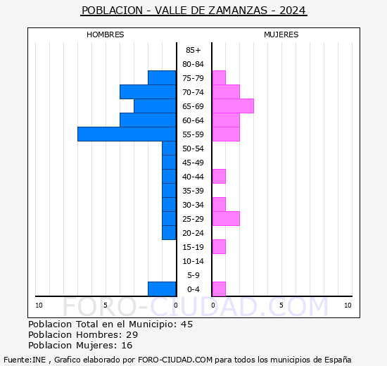 Valle de Zamanzas - Pir�mide de poblaci�n grupos quinquenales - Censo 2024