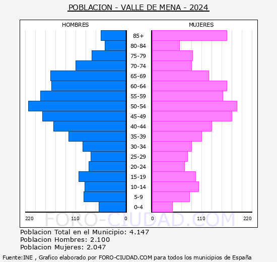 Valle de Mena - Pirmide de poblacin grupos quinquenales - Censo 2024