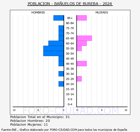 Bauelos de Bureba - Pirmide de poblacin grupos quinquenales - Censo 2024