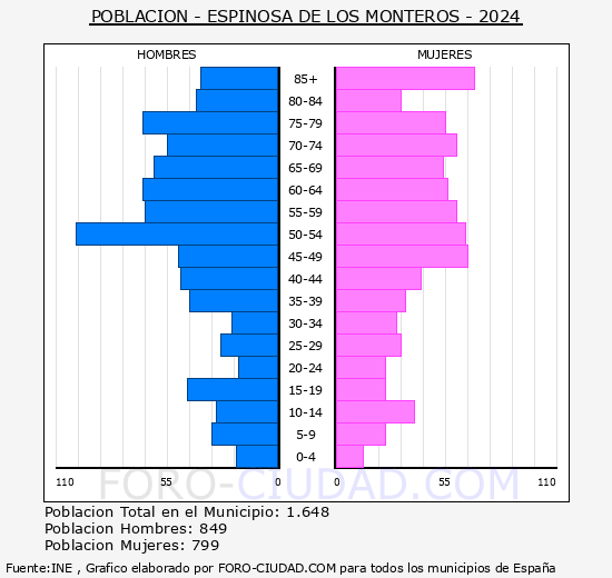 Espinosa de los Monteros - Pirmide de poblacin grupos quinquenales - Censo 2024