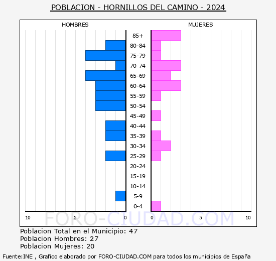 Hornillos del Camino - Pirmide de poblacin grupos quinquenales - Censo 2024