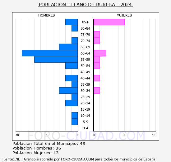 Llano de Bureba - Pirmide de poblacin grupos quinquenales - Censo 2024