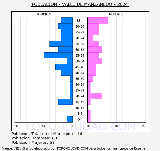 Valle de Manzanedo - Pir�mide de poblaci�n grupos quinquenales - Censo 2024