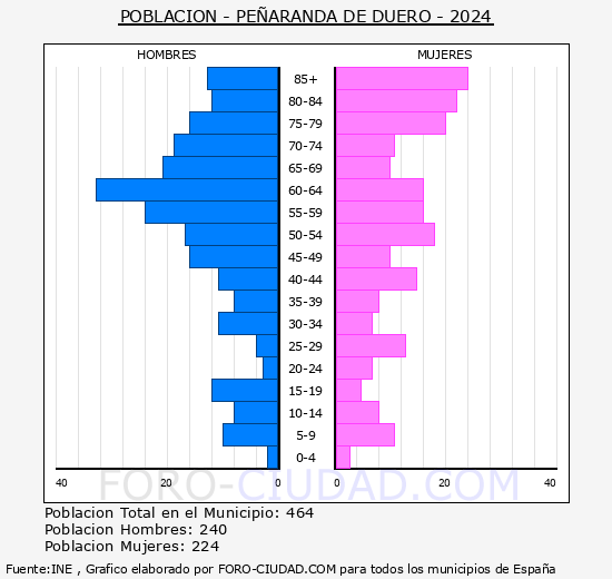 Pearanda de Duero - Pirmide de poblacin grupos quinquenales - Censo 2024