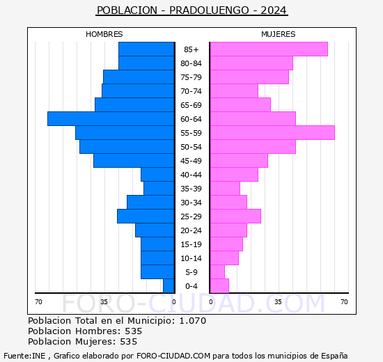 Pradoluengo - Pir�mide de poblaci�n grupos quinquenales - Censo 2024