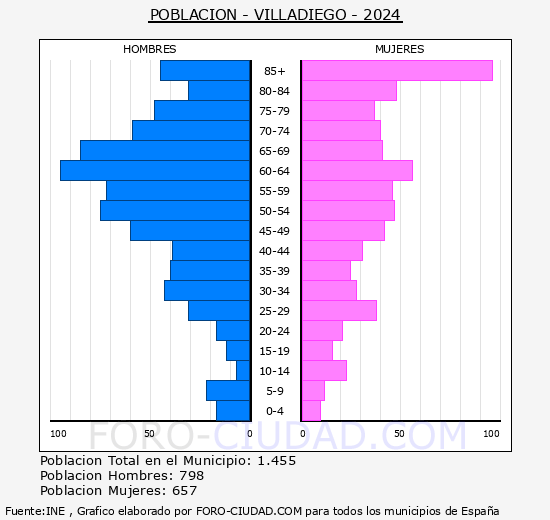 Villadiego - Pirmide de poblacin grupos quinquenales - Censo 2024
