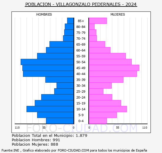 Villagonzalo Pedernales - Pir�mide de poblaci�n grupos quinquenales - Censo 2024
