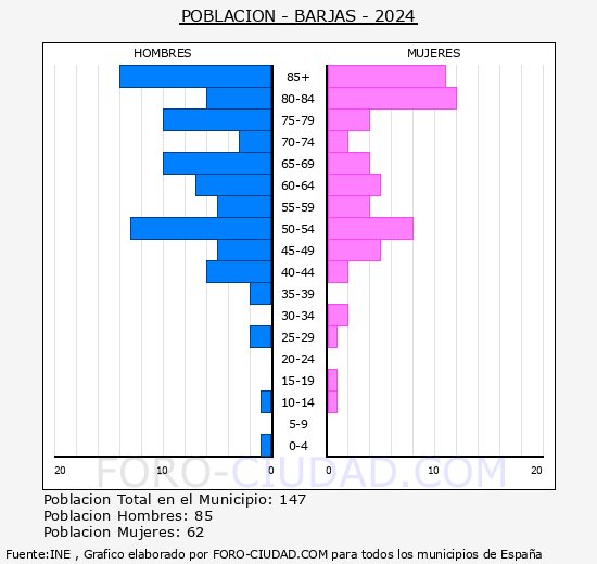 Barjas - Pirmide de poblacin grupos quinquenales - Censo 2024