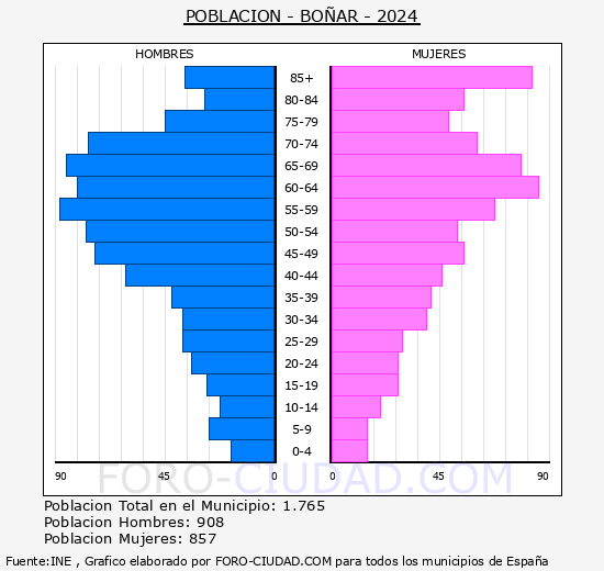 Bo�ar - Pir�mide de poblaci�n grupos quinquenales - Censo 2024