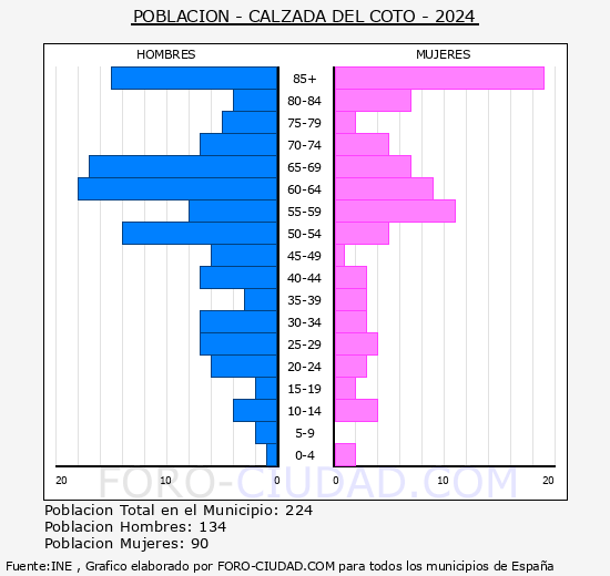 Calzada del Coto - Pirmide de poblacin grupos quinquenales - Censo 2024