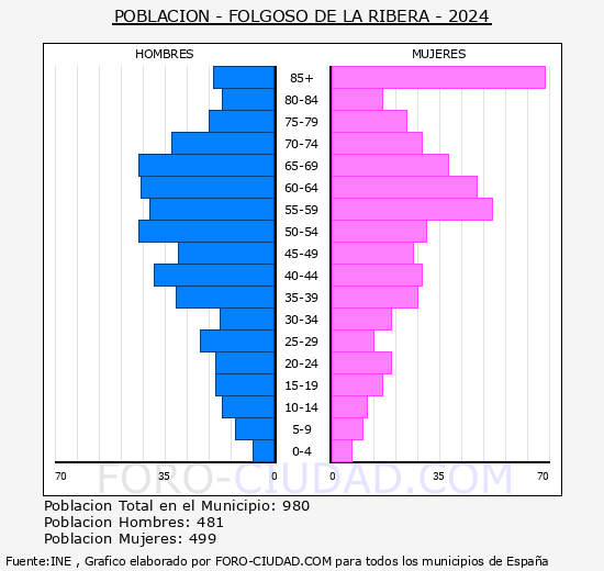 Folgoso de la Ribera - Pirmide de poblacin grupos quinquenales - Censo 2024