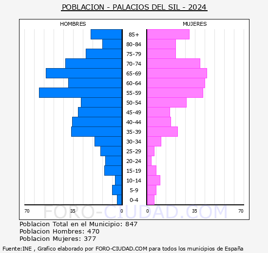 Palacios del Sil - Pir�mide de poblaci�n grupos quinquenales - Censo 2024