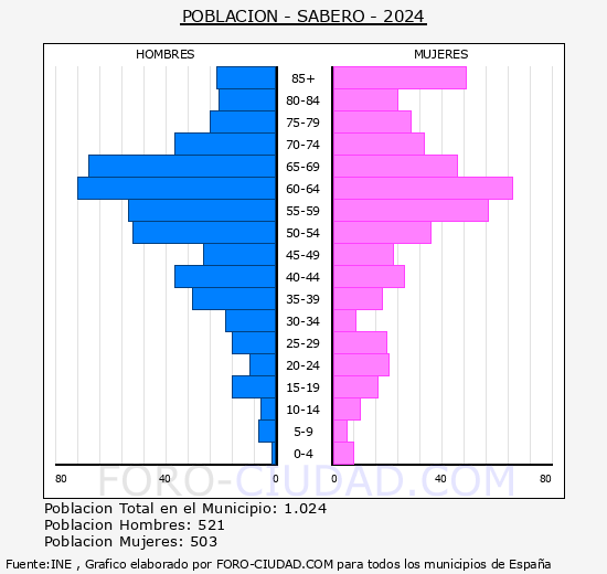 Sabero - Pirmide de poblacin grupos quinquenales - Censo 2024