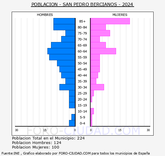 San Pedro Bercianos - Pirmide de poblacin grupos quinquenales - Censo 2024