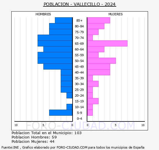 Vallecillo - Pir�mide de poblaci�n grupos quinquenales - Censo 2024