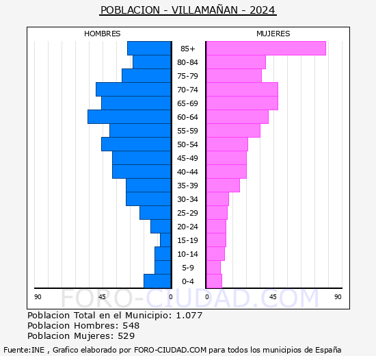 Villaman - Pirmide de poblacin grupos quinquenales - Censo 2024