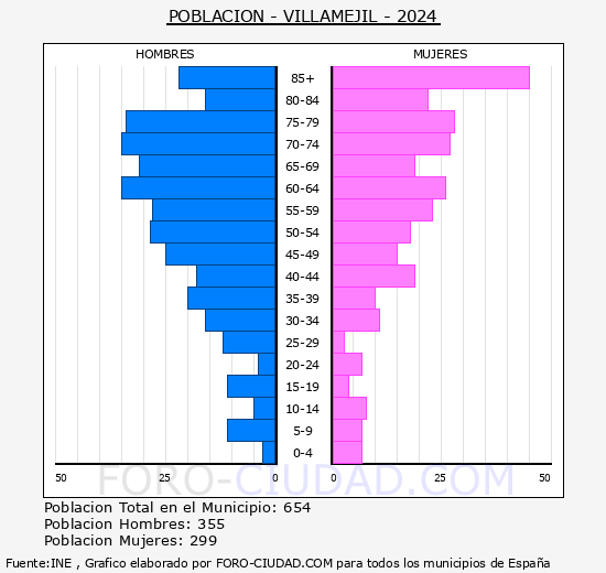 Villamejil - Pirmide de poblacin grupos quinquenales - Censo 2024
