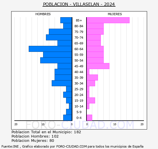 Villaseln - Pirmide de poblacin grupos quinquenales - Censo 2024
