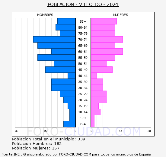 Villoldo - Pirmide de poblacin grupos quinquenales - Censo 2024