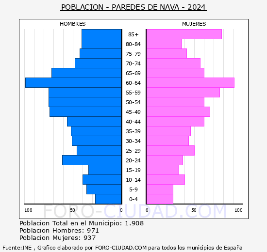 Paredes de Nava - Pirmide de poblacin grupos quinquenales - Censo 2024
