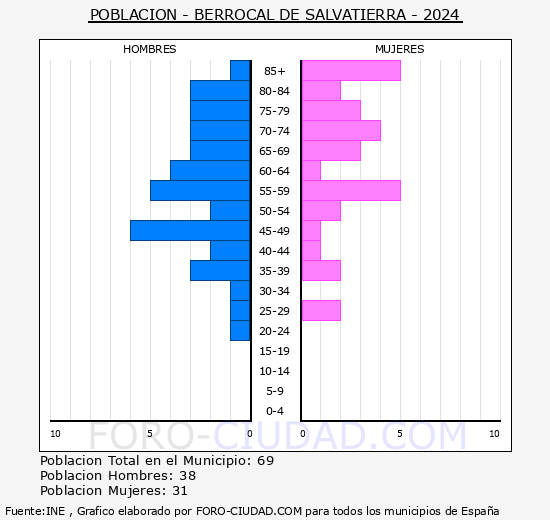 Berrocal de Salvatierra - Pirmide de poblacin grupos quinquenales - Censo 2024