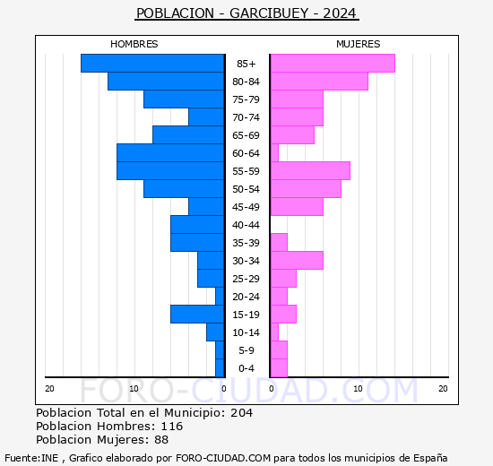 Garcibuey - Pirmide de poblacin grupos quinquenales - Censo 2024