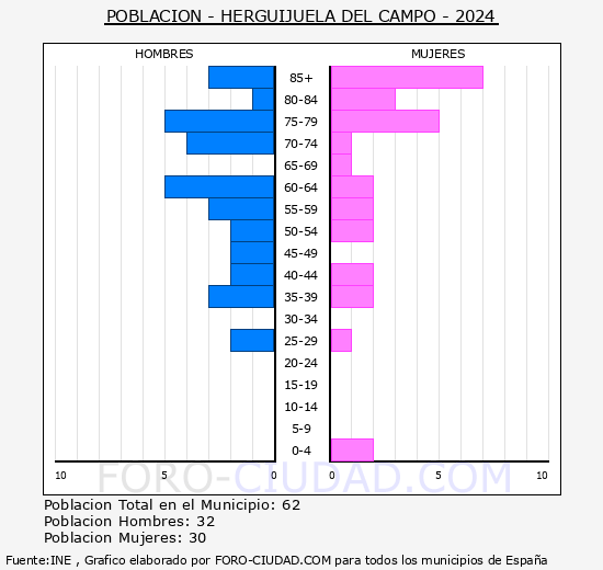 Herguijuela del Campo - Pirmide de poblacin grupos quinquenales - Censo 2024