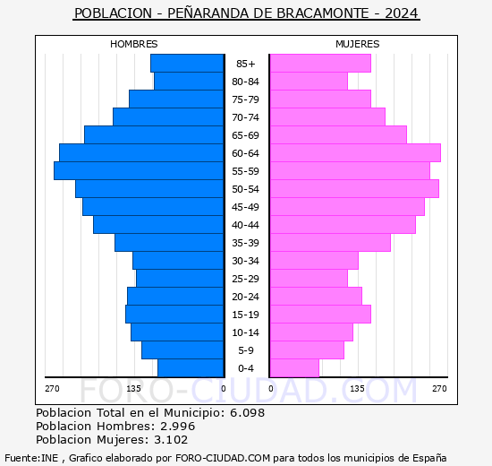 Pearanda de Bracamonte - Pirmide de poblacin grupos quinquenales - Censo 2024