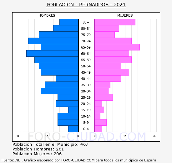 Bernardos - Pirmide de poblacin grupos quinquenales - Censo 2024