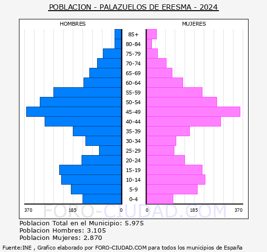 Palazuelos de Eresma - Pirmide de poblacin grupos quinquenales - Censo 2024