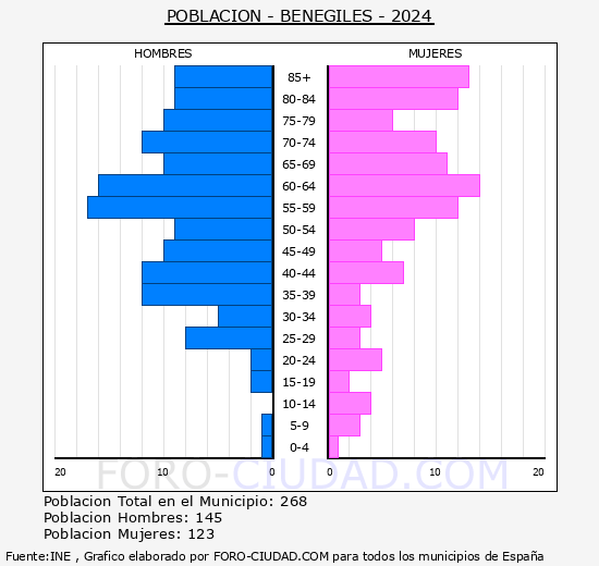 Benegiles - Pirmide de poblacin grupos quinquenales - Censo 2024