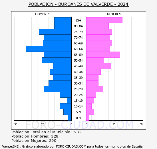 Burganes de Valverde - Pir�mide de poblaci�n grupos quinquenales - Censo 2024